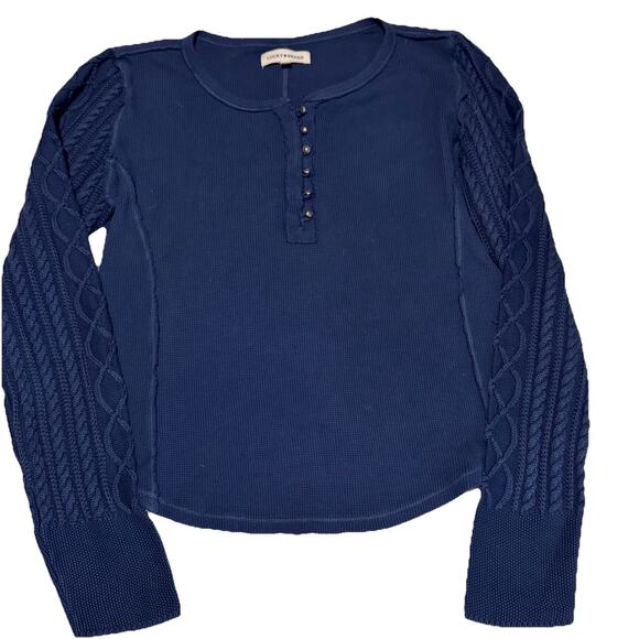 Lucky Brand Navy Thermal Henley Cable Knit Sleeve Gold buttons Womens Sz M EUC - Picture 1 of 6